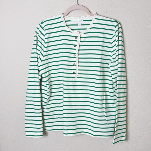 J. Crew Striped ruffle collar henley green white size M - Picture 3 of 9